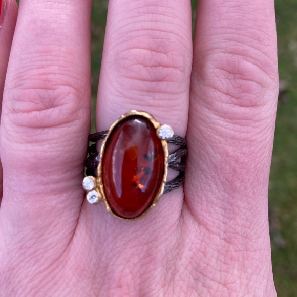 Natural Oval Amber Gemstone Ring Sz 7.75 Silver with Black Rhodium Gold - Picture 6 of 8